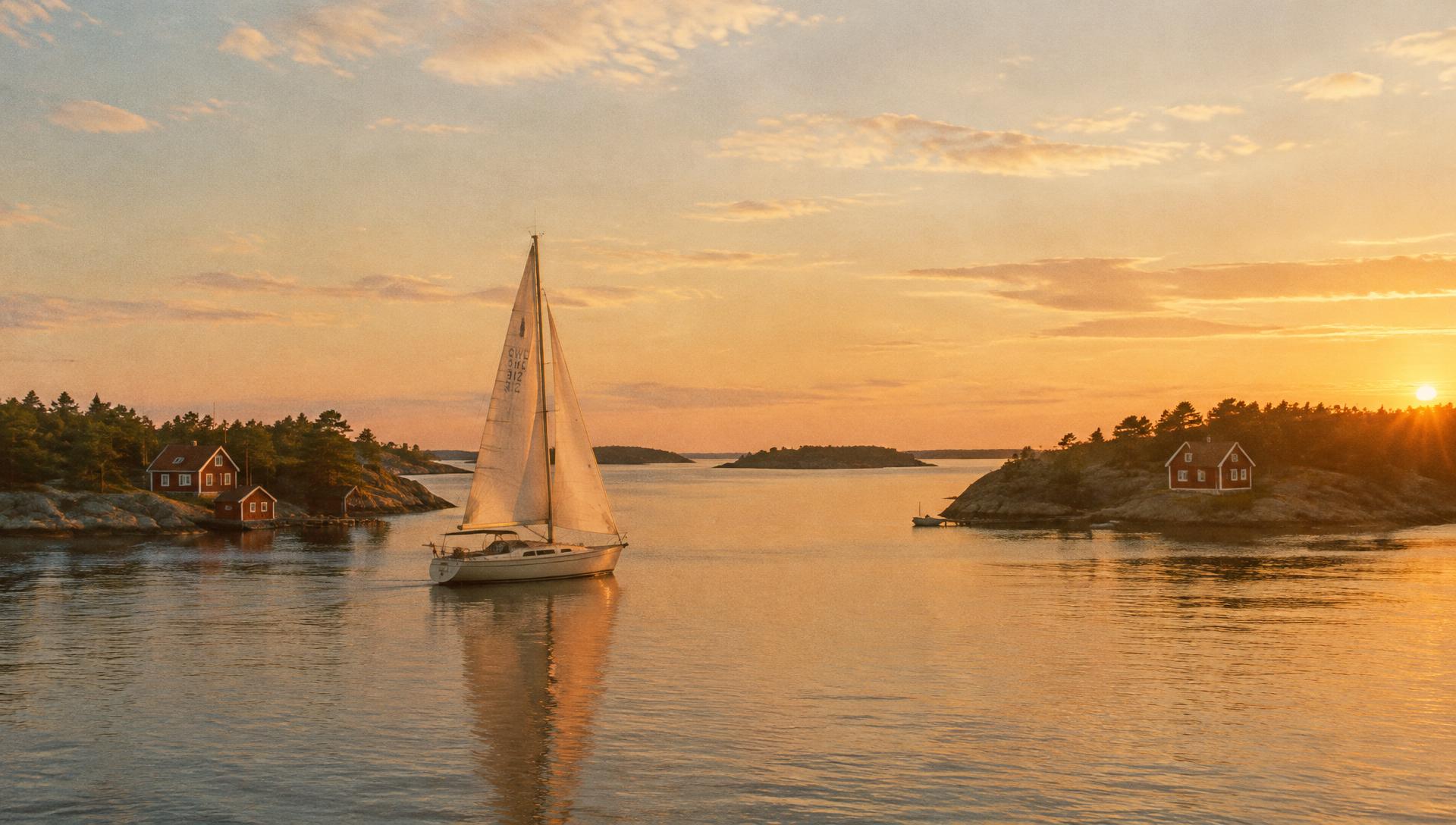 Segelbåt i Stockholms skärgård i kvällsljus (ersätts med bild från Visit Sweden)
